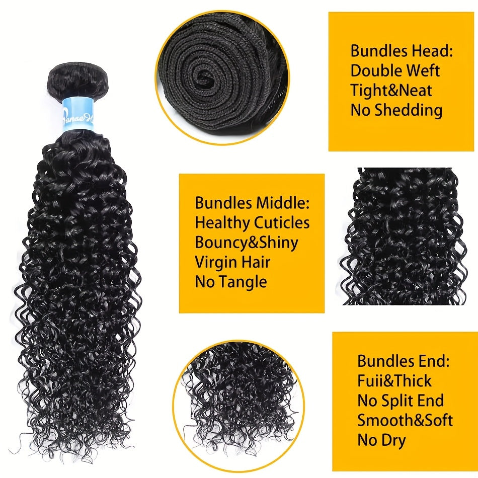 3 Bundles Jerry Curly Brazilian Human Hair Extensions with 5x5 HD Closure - Wet and Wavy Virgin Hair, Free Part, Unprocessed, 350g, Natural Black for Stunning Curls